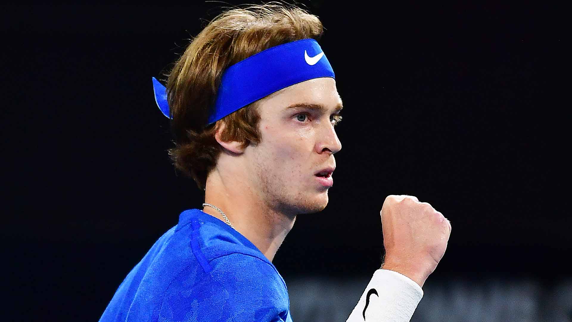 ADELAIDE, AUSTRALIA - JANUARY 17: Andrey Rublev of Russia celebrates winning a set against Felix Auger-Aliassime of Canada during day six of the 2020 Adelaide International at Memorial Drive on January 17, 2020 in Adelaide, Australia. (Photo by Mark Brake/Getty Images)